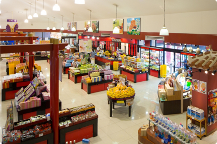 Inside and outside of the store with Shurijo Castle as a motif