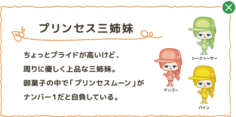 ちょっとプライドが高いけど、周りに優しく上品な三姉妹。御菓子の中で「プリンセスムーン」がナンバー1だと自負している。